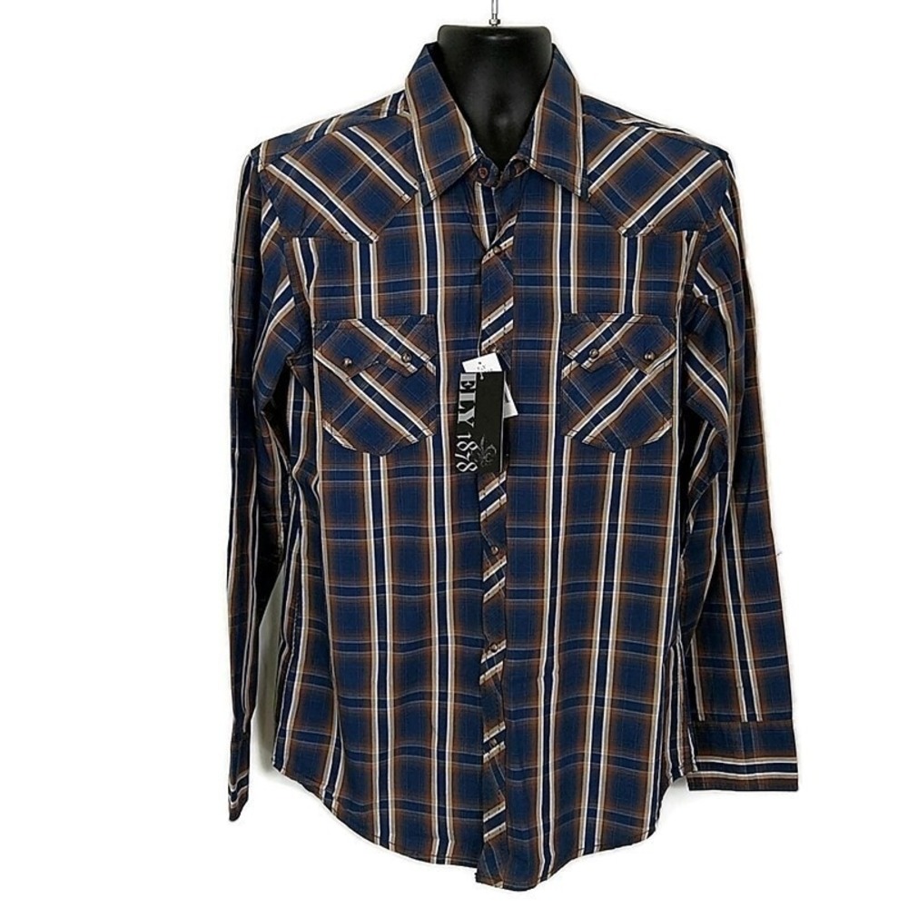 ELY 1878 Plaid‎ Western Shirt Pearl Snap Blue Brown Cotton Long Sleeve NWT sz L